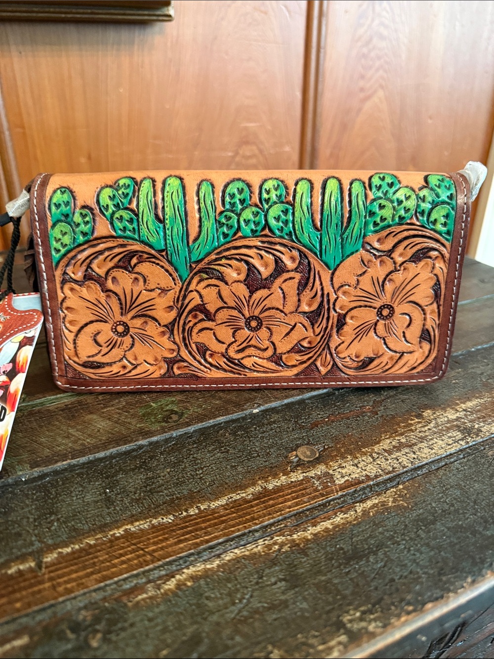 American Darling Hand-Tooled Tan Wallet with Green Cactus Motif